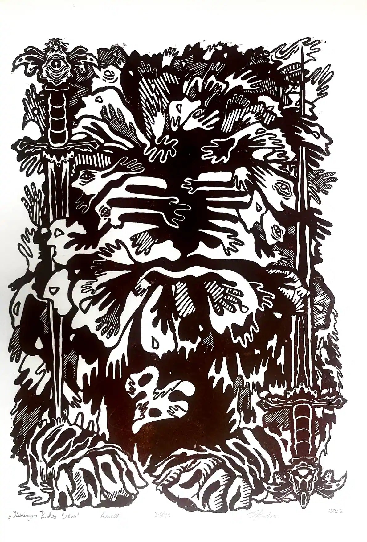estonian folklore abstract linocut print with hands and symbols on a white background