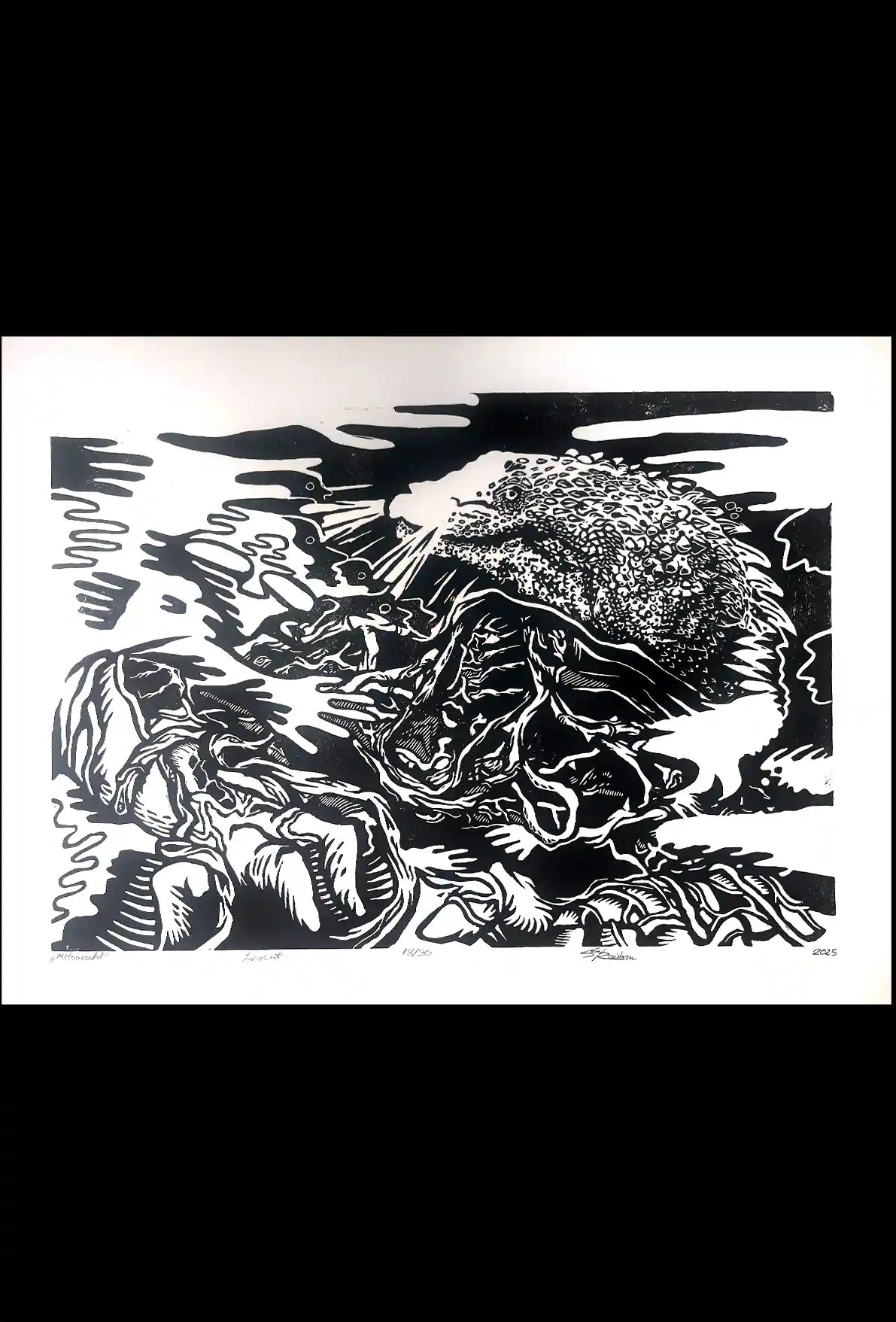 black ink Põhjakonn inspired folklore linocut print