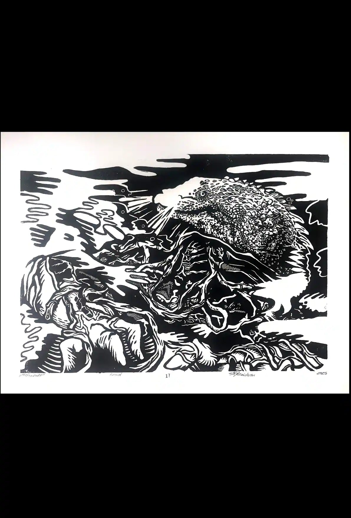 black ink Põhjakonn inspired folklore linocut print