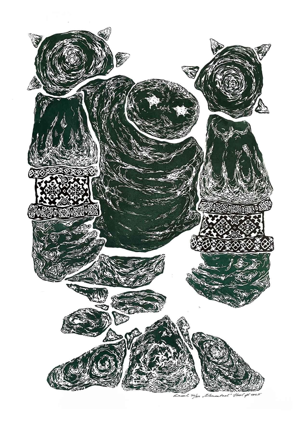 Handcarved linocut artwork print of a stylized nature elemental with bold carved lines and high‑contrast ink. Printed on smooth high quality white paper.