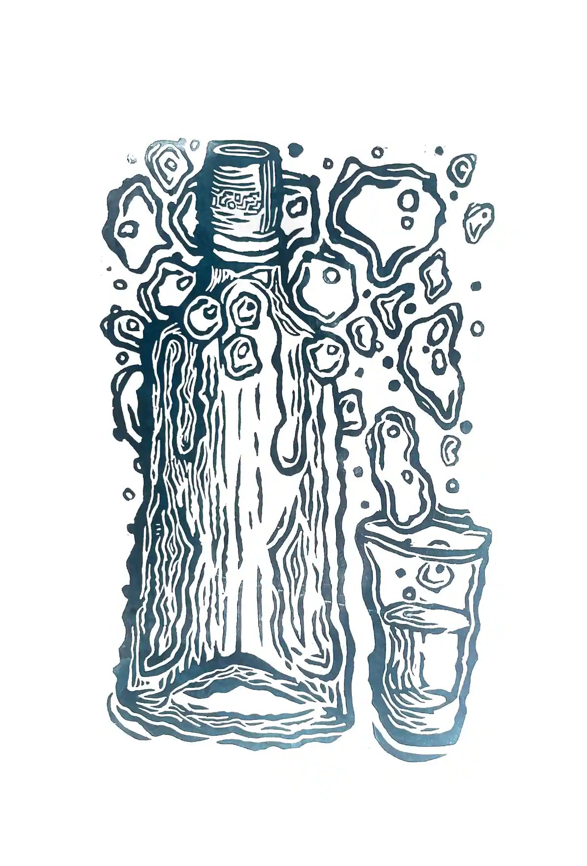 Linocut print bottle with shot glass