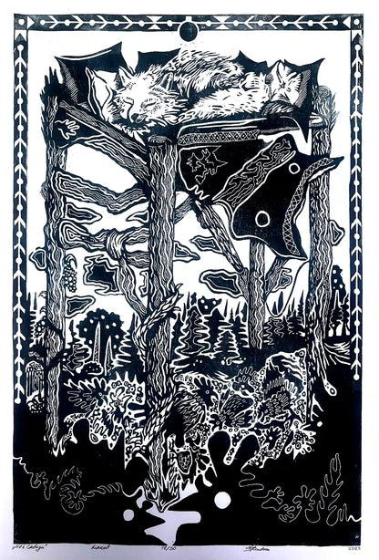 linocut print fox in forrest. Black on white background. Inspired by estonian folklore