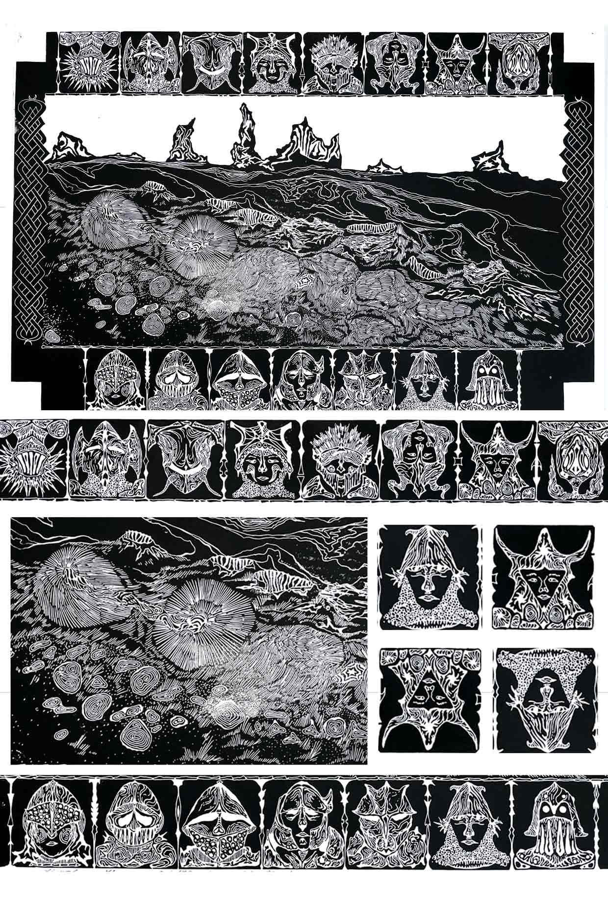 Handcarved linocut artwork print of a nature scene depicting a beach with fantasy elements with bold carved lines and high‑contrast ink. Printed on smooth high quality white paper.
