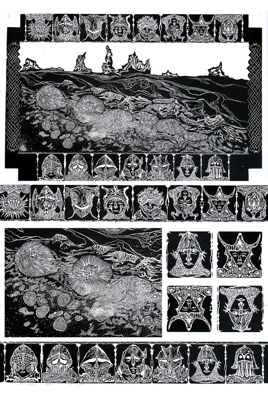 Handcarved linocut artwork print of a nature scene depicting a beach with fantasy elements with bold carved lines and high‑contrast ink. Printed on smooth high quality white paper.
