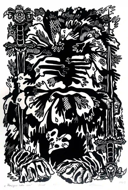  Linocut print inspired by folklore guardian against spirits and phantoms
