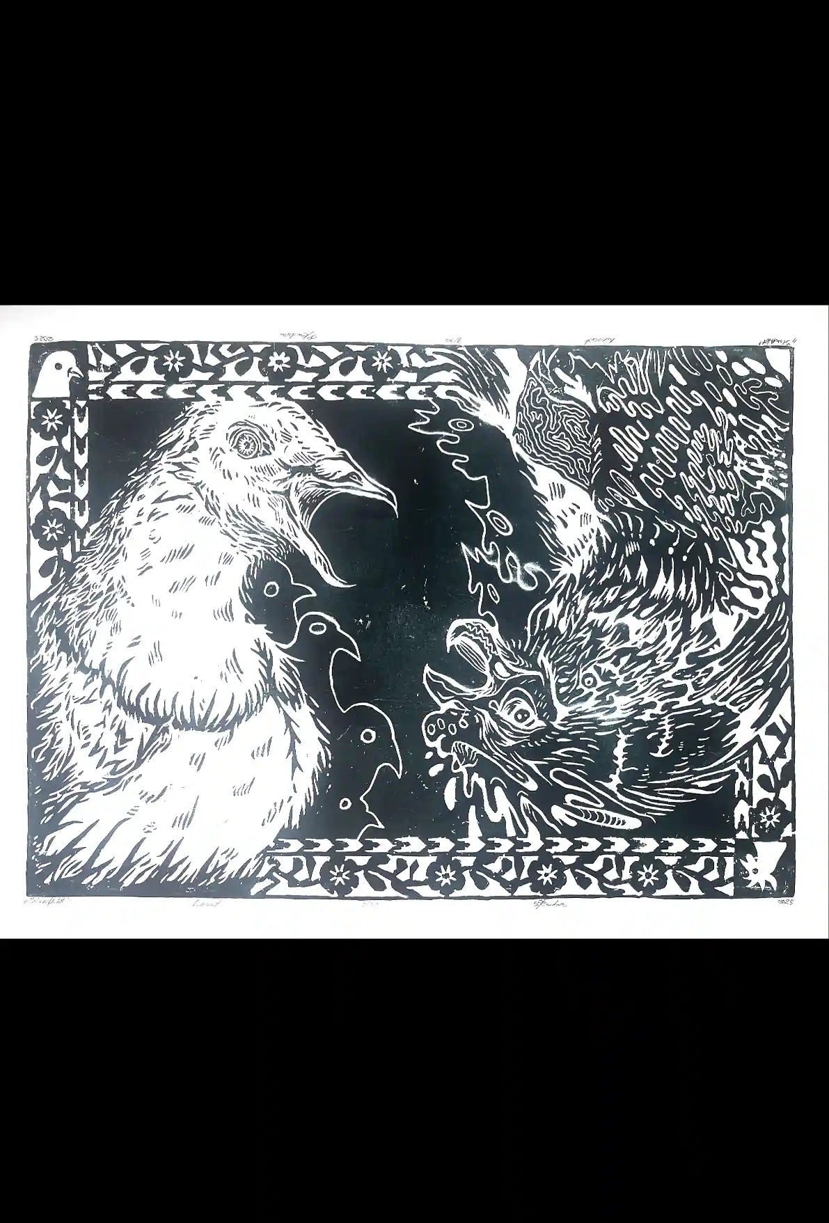two birds linocut print cock and pigeon
