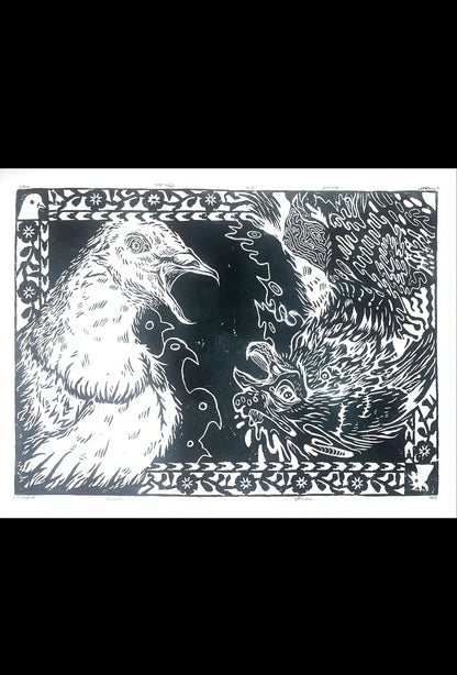 two birds linocut print cock and pigeon