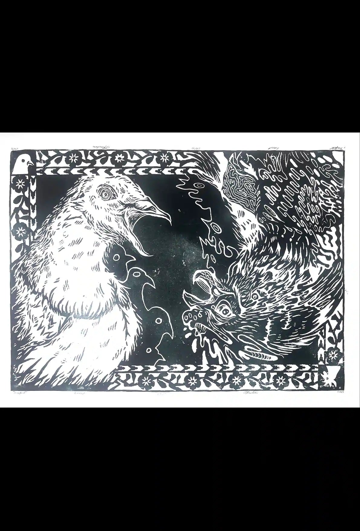 two birds linocut print cock and pigeon