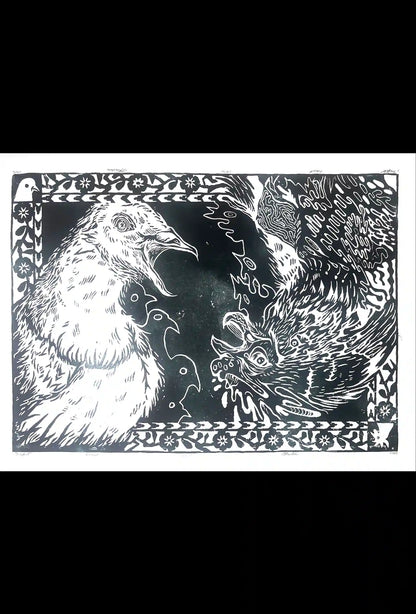 two birds linocut print cock and pigeon