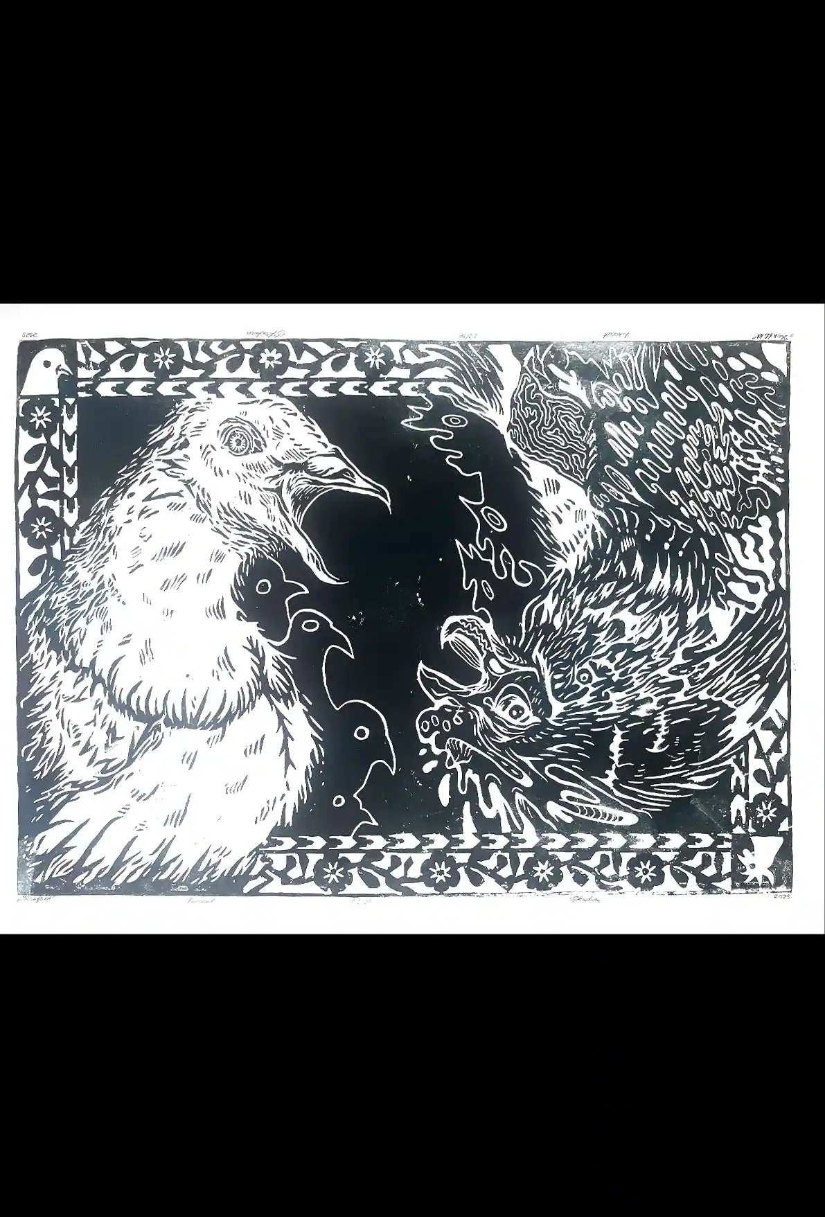 two birds linocut print cock and pigeon