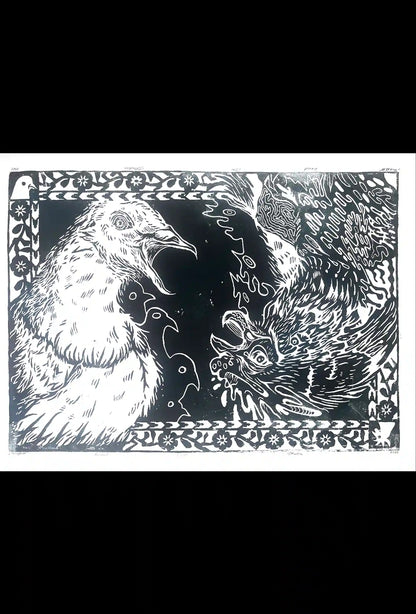 two birds linocut print cock and pigeon