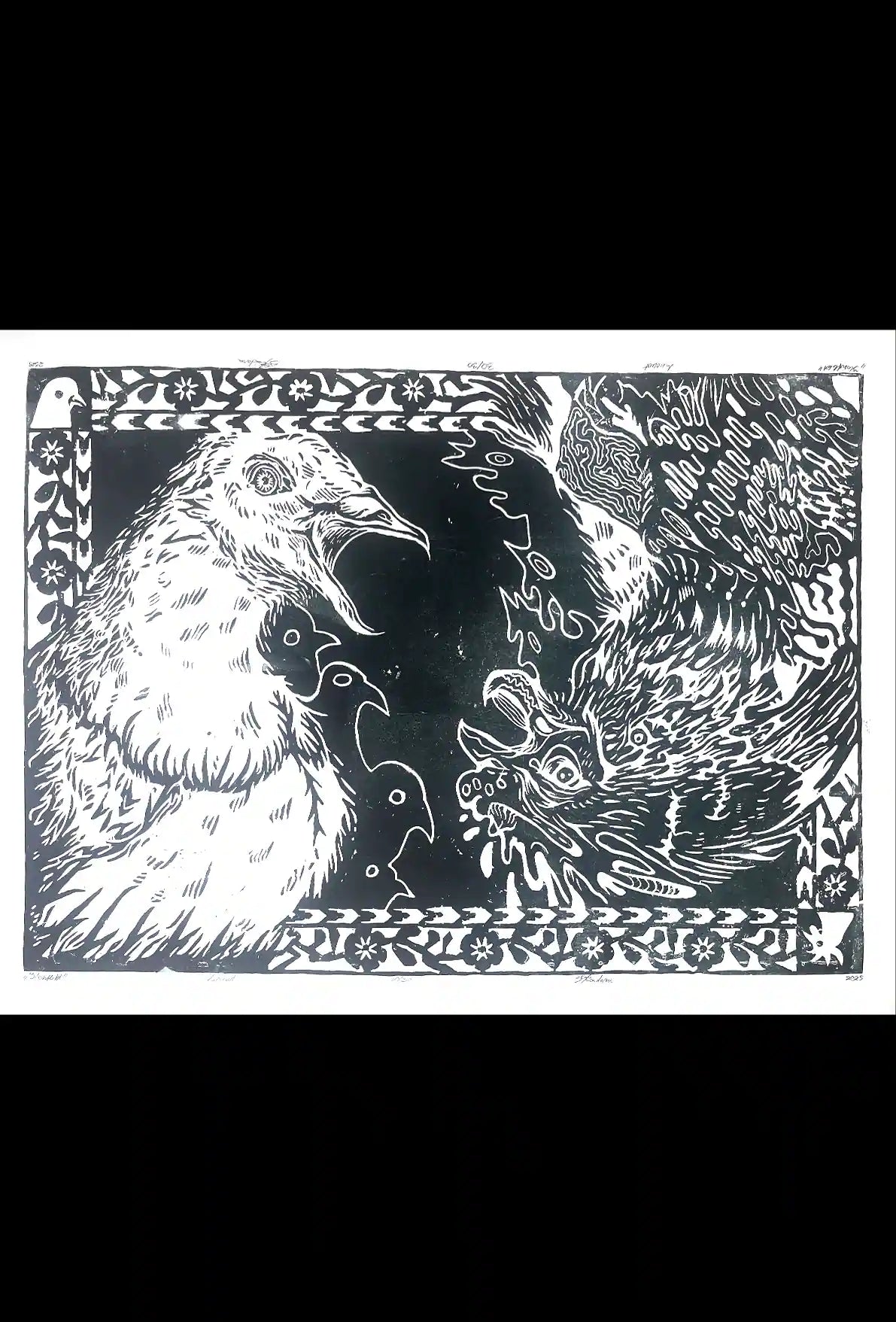 two birds linocut print cock and pigeon