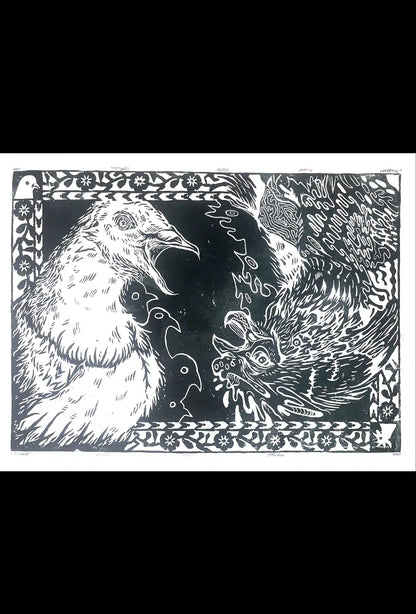 two birds linocut print cock and pigeon