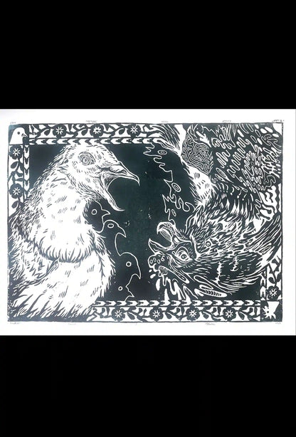 two birds linocut print cock and pigeon