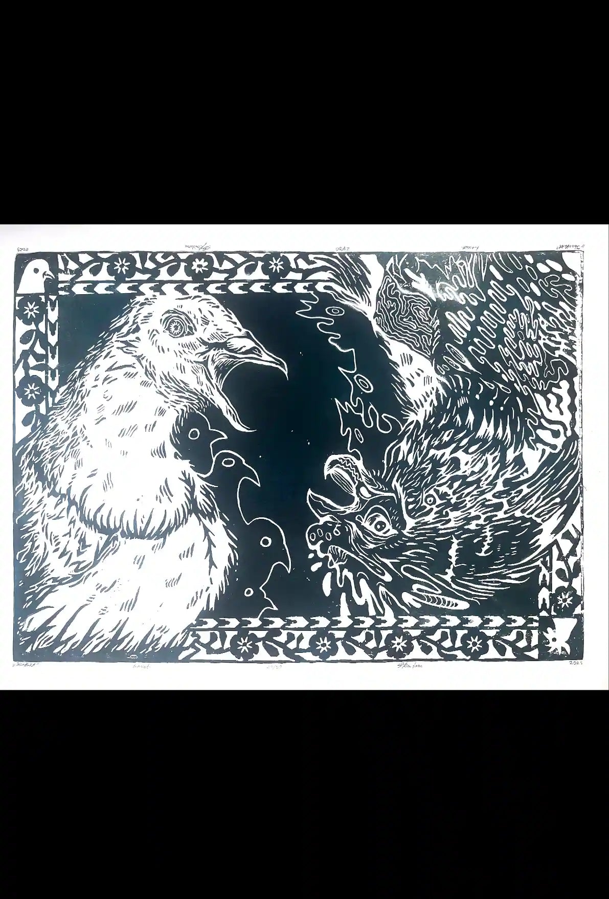 two birds linocut print cock and pigeon