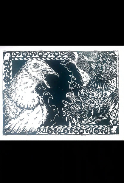 two birds linocut print cock and pigeon
