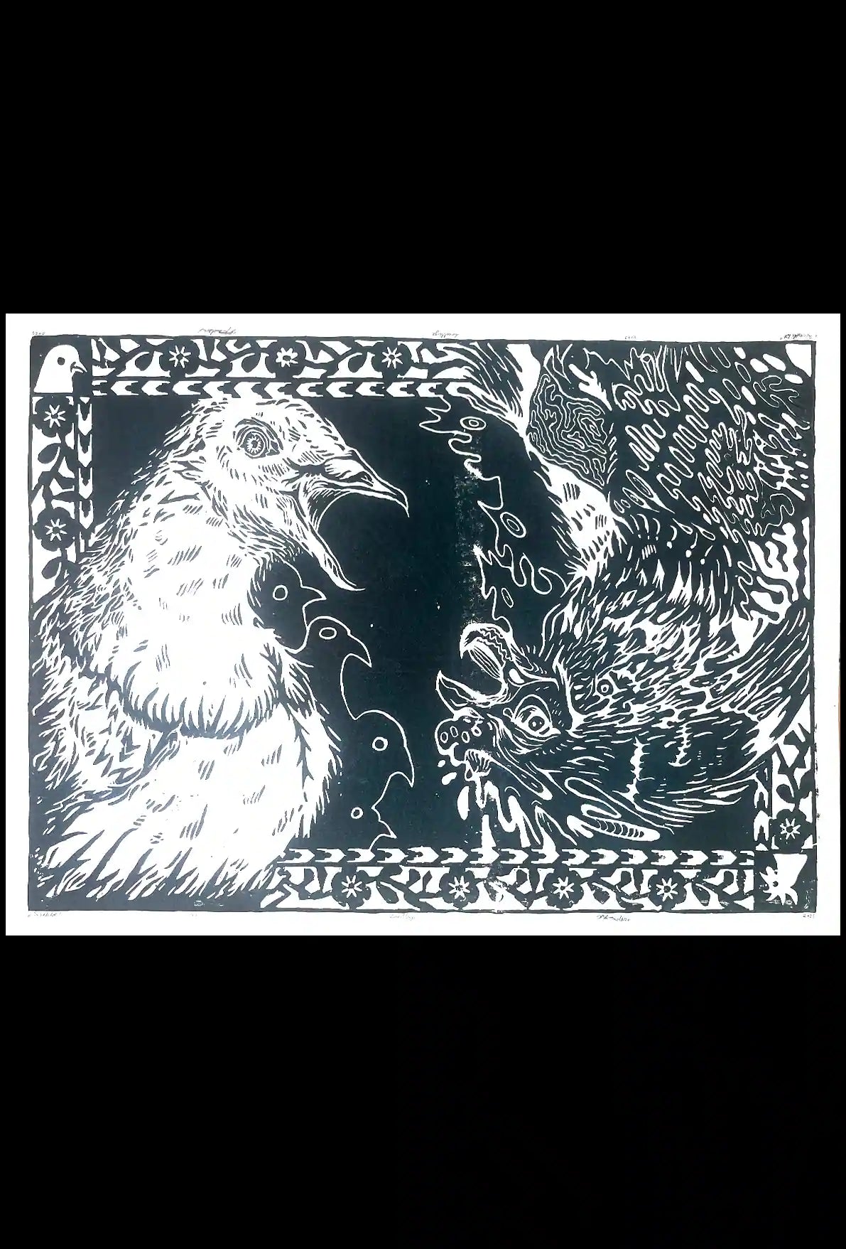 two birds linocut print cock and pigeon