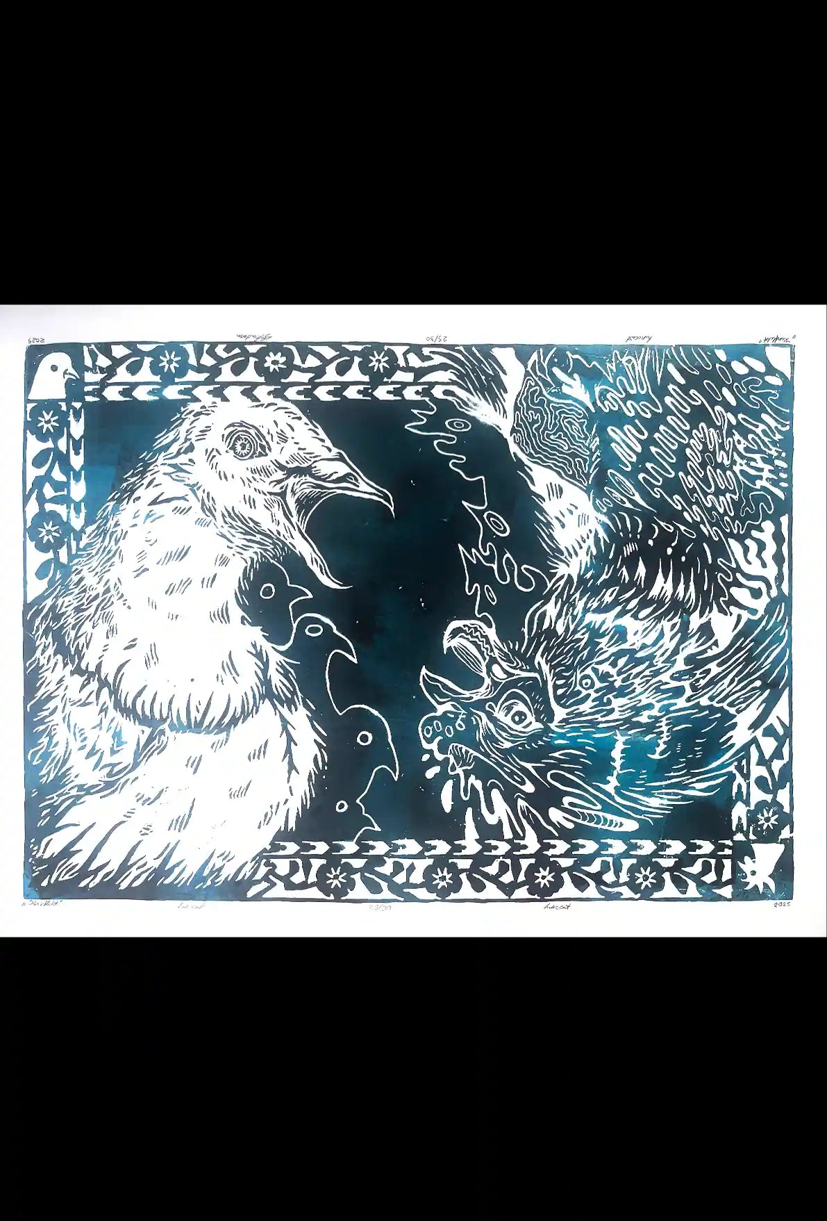 two birds linocut print cock and pigeon