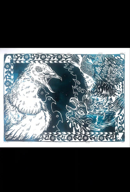 two birds linocut print cock and pigeon