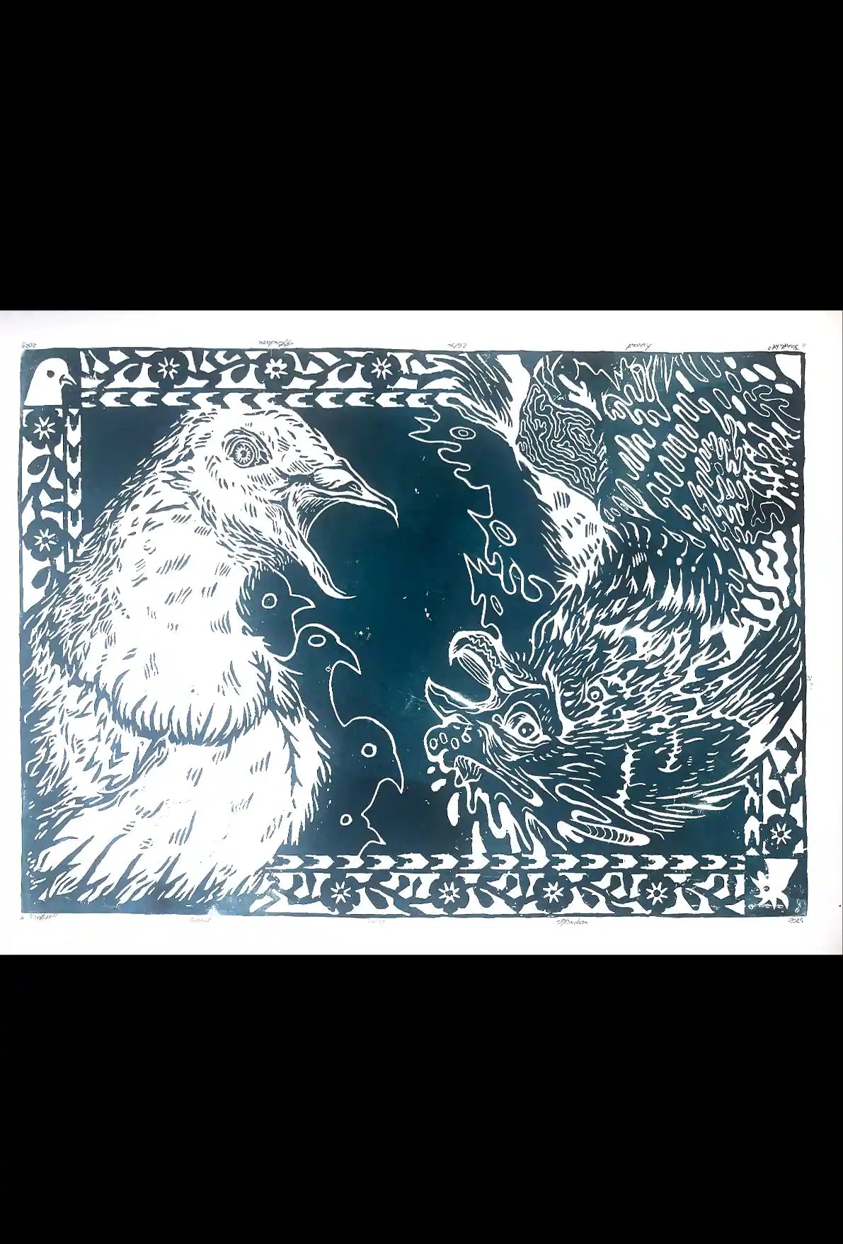 two birds linocut print cock and pigeon