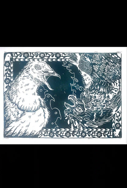 two birds linocut print cock and pigeon
