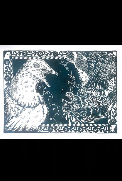 two birds linocut print cock and pigeon