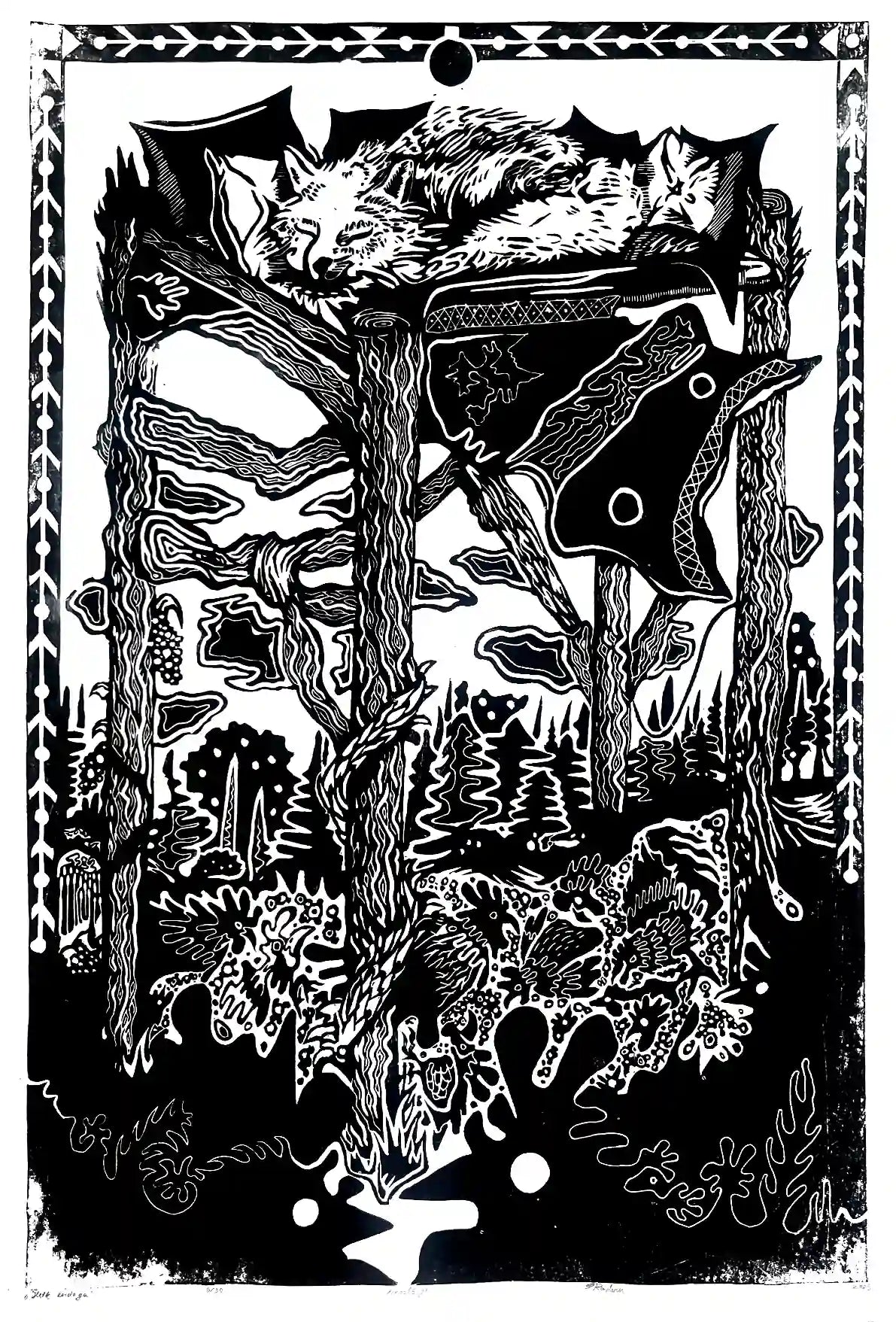 linocut print fox in forrest. Black on white background. Inspired by estonian folklore