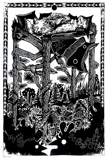 linocut print fox in forrest. Black on white background. Inspired by estonian folklore