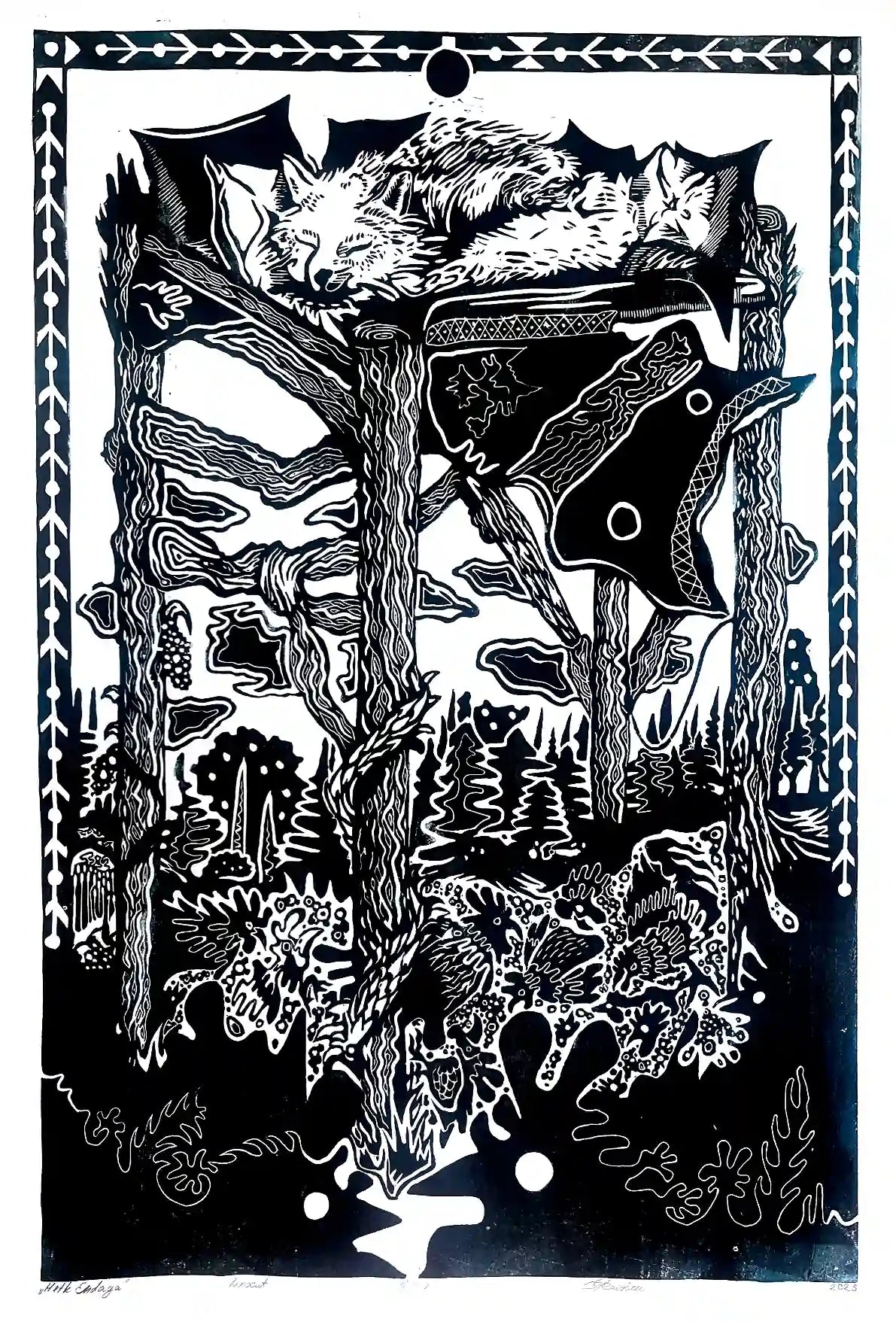 linocut print fox in forrest. Black on white background. Inspired by estonian folklore
