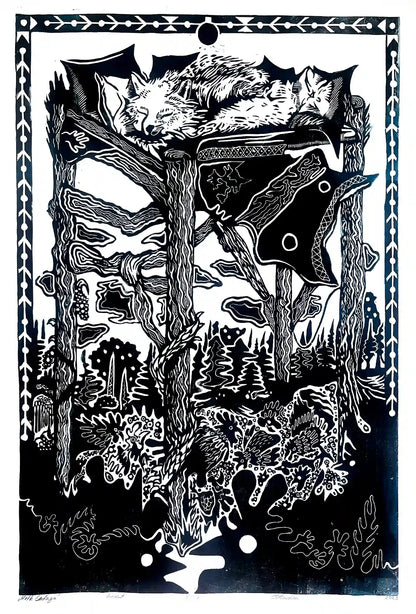 linocut print fox in forrest. Black on white background. Inspired by estonian folklore