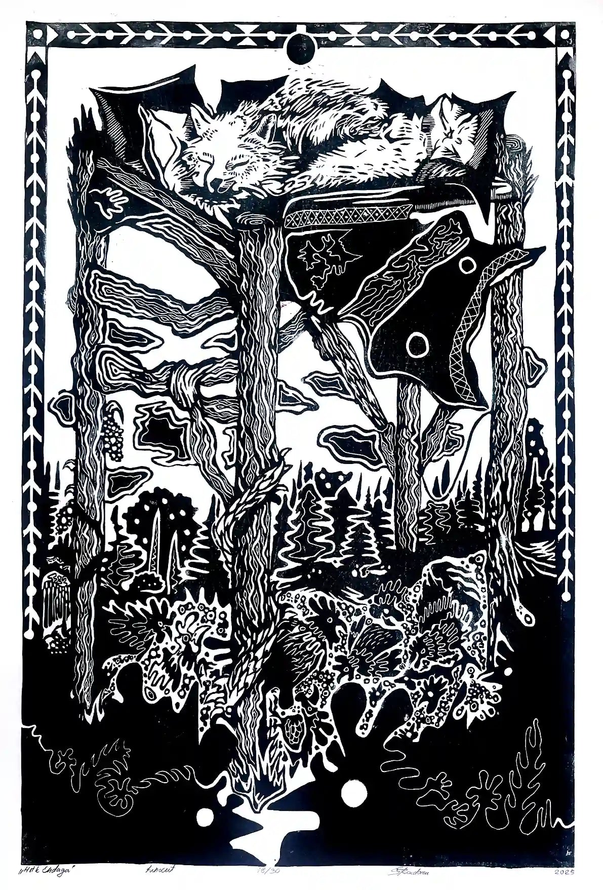 linocut print fox in forrest. Black on white background. Inspired by estonian folklore