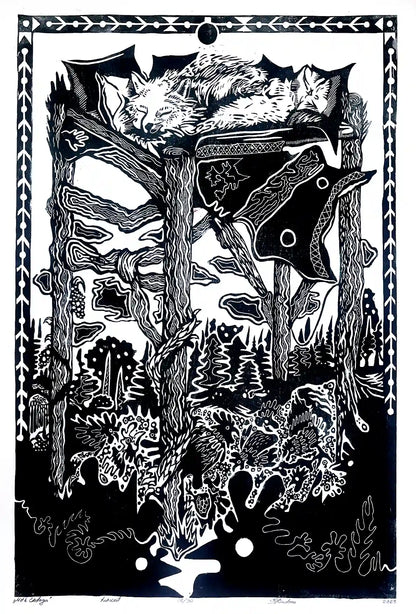 linocut print fox in forrest. Black on white background. Inspired by estonian folklore