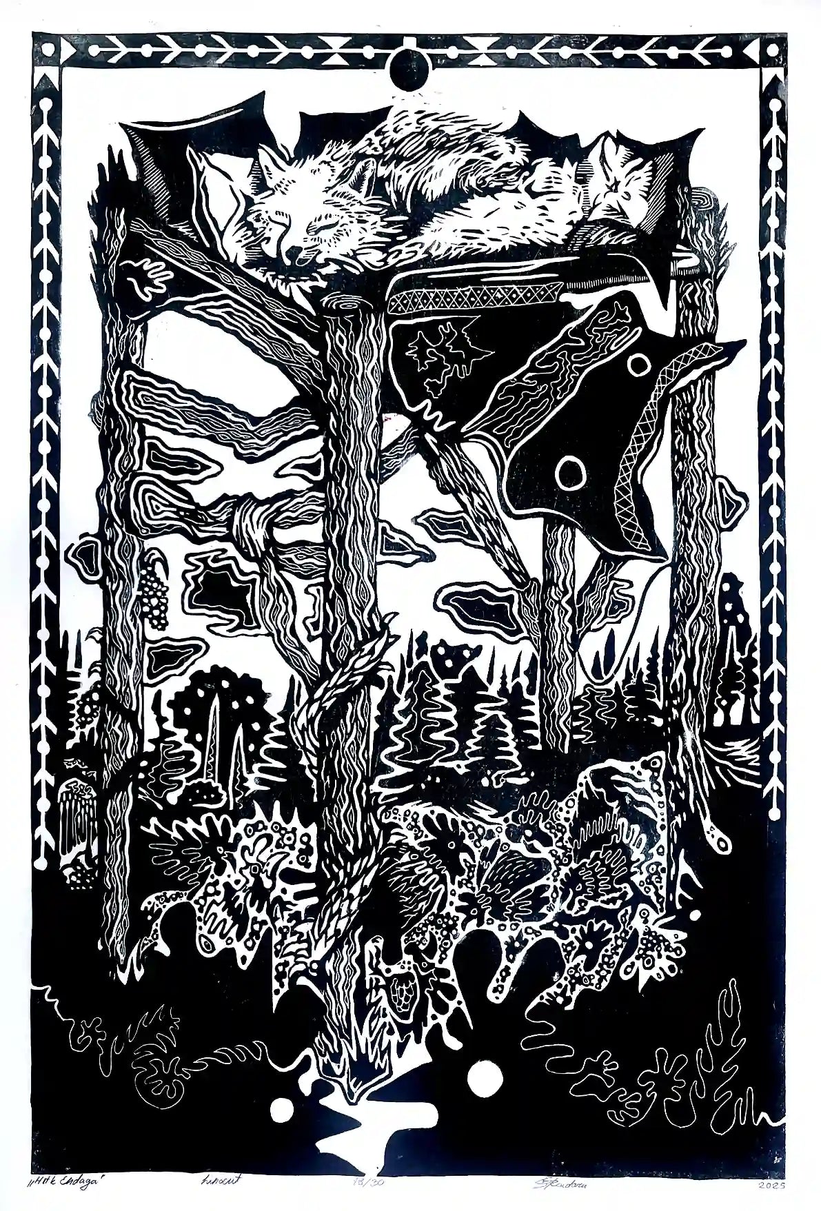 linocut print fox in forrest. Black on white background. Inspired by estonian folklore