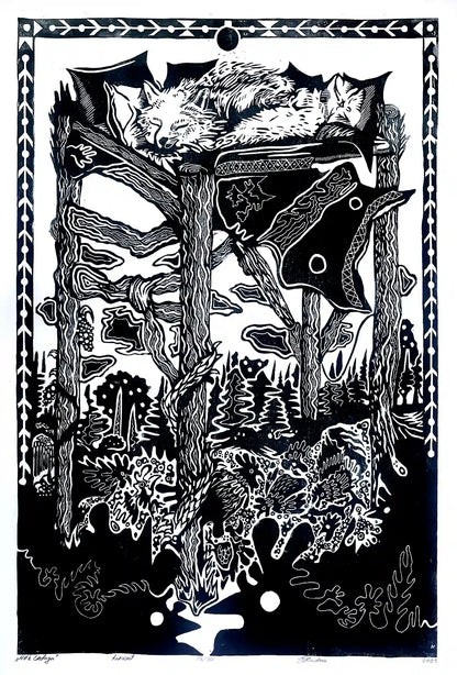 linocut print fox in forrest. Black on white background. Inspired by estonian folklore