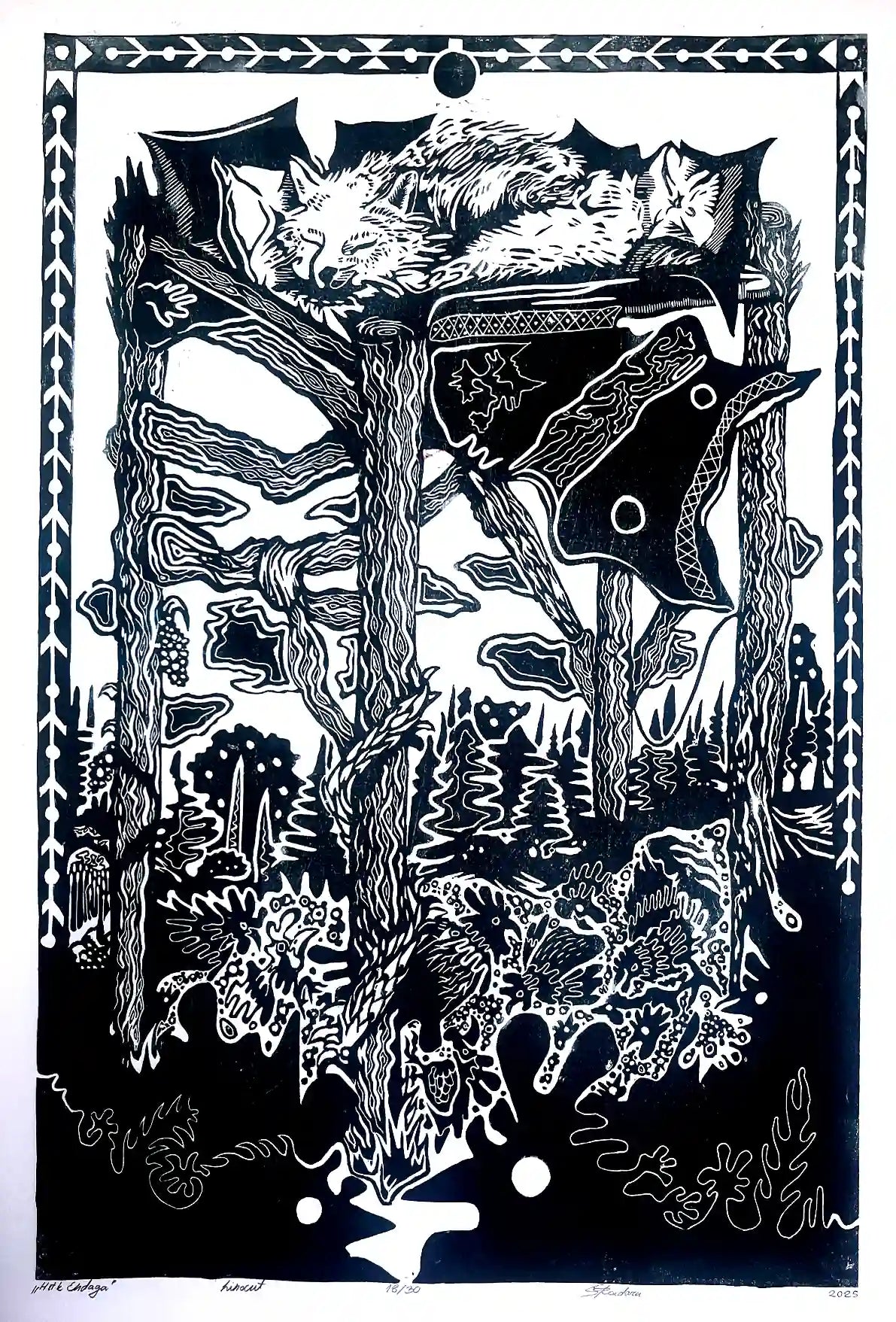 linocut print fox in forrest. Black on white background. Inspired by estonian folklore