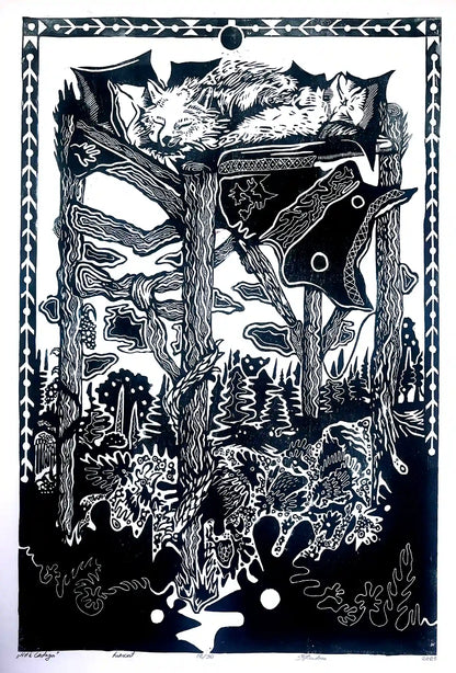 linocut print fox in forrest. Black on white background. Inspired by estonian folklore