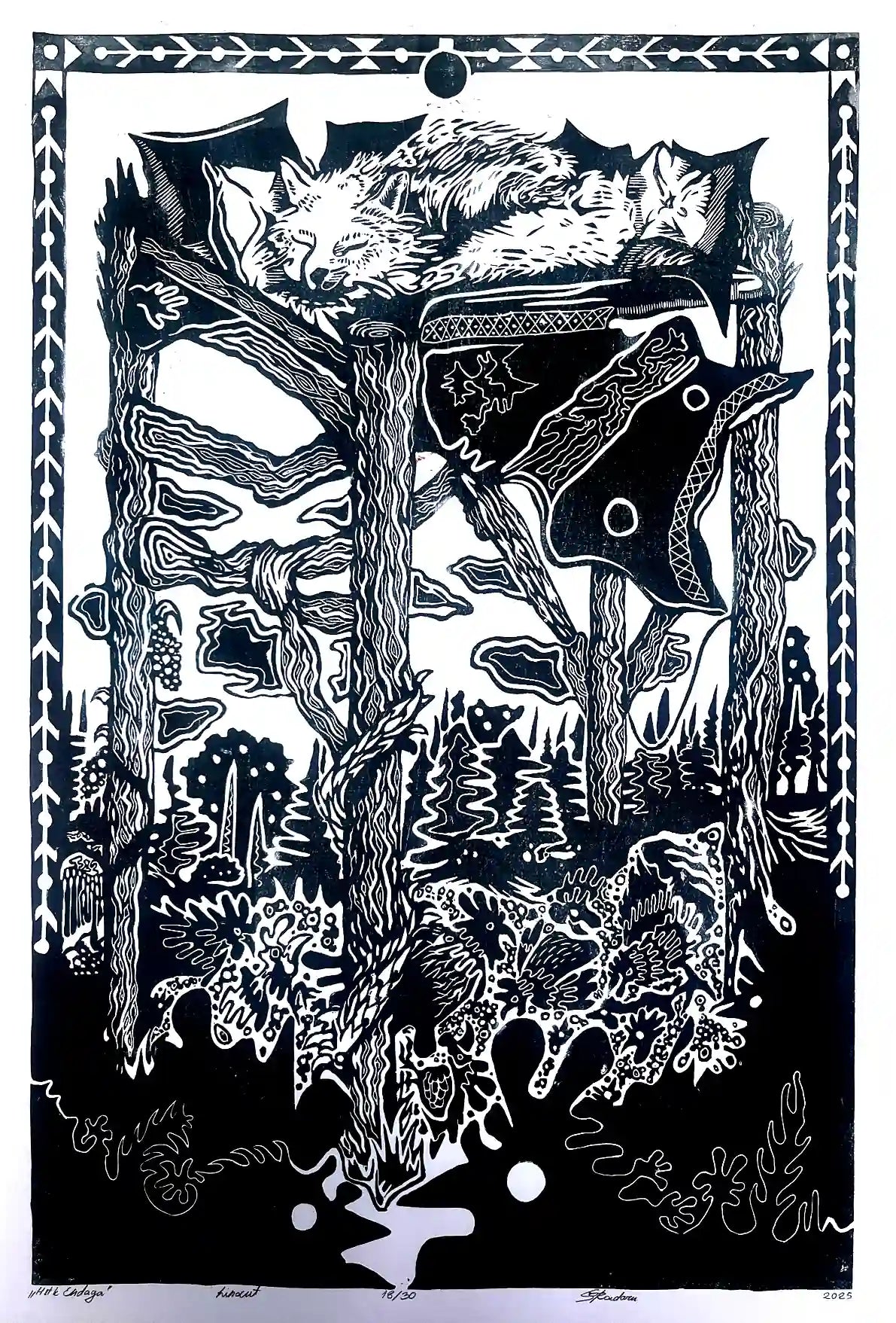 linocut print fox in forrest. Black on white background. Inspired by estonian folklore