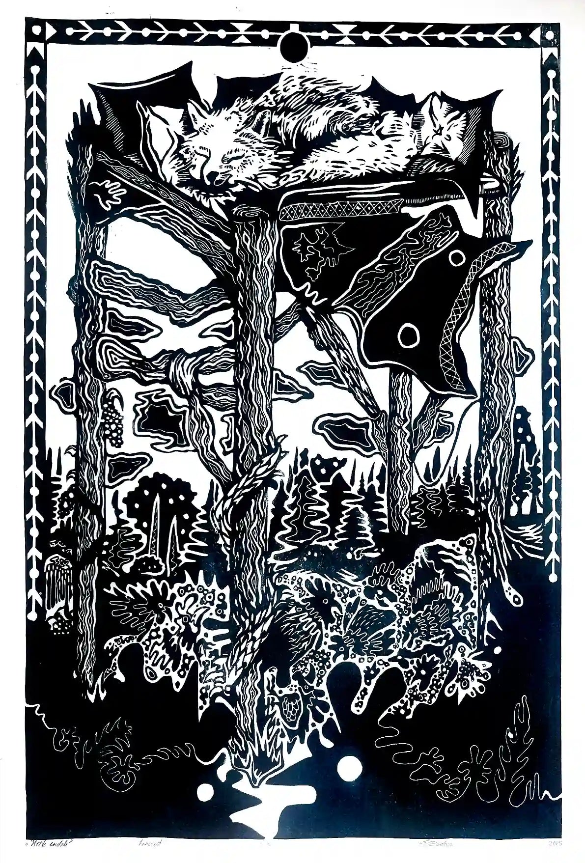 linocut print fox in forrest. Black on white background. Inspired by estonian folklore