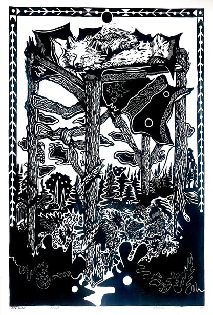linocut print fox in forrest. Black on white background. Inspired by estonian folklore