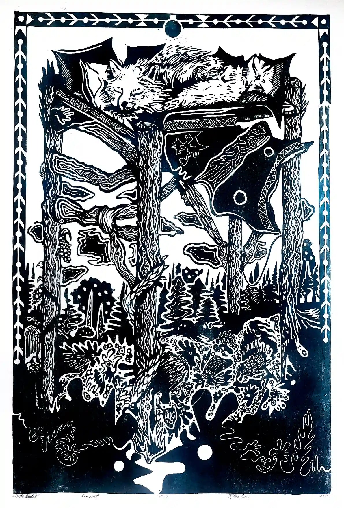linocut print fox in forrest. Black on white background. Inspired by estonian folklore