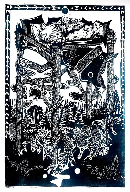 linocut print fox in forrest. Black on white background. Inspired by estonian folklore