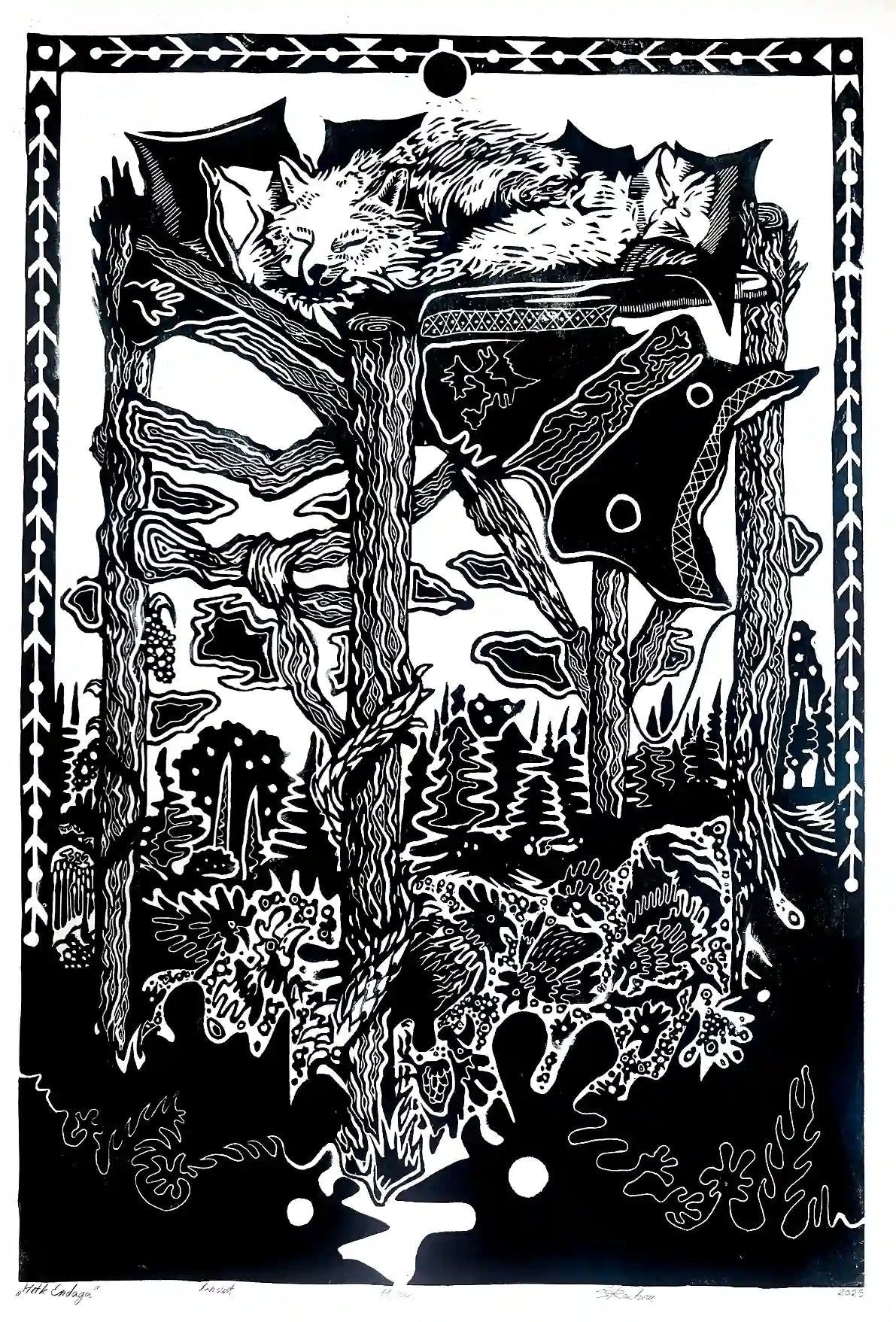 linocut print fox in forrest. Black on white background. Inspired by estonian folklore