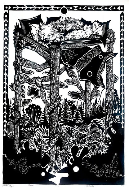 linocut print fox in forrest. Black on white background. Inspired by estonian folklore