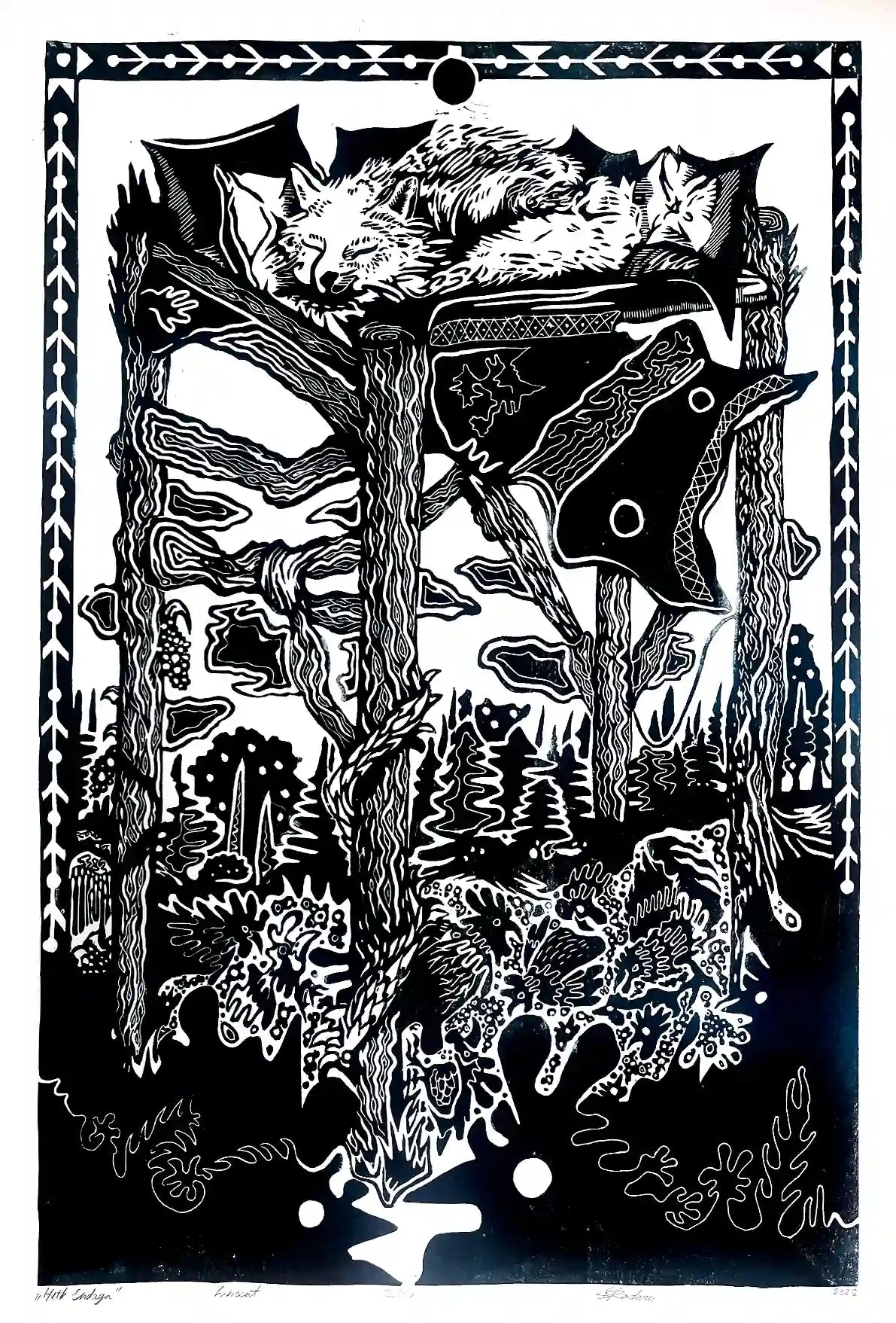 linocut print fox in forrest. Black on white background. Inspired by estonian folklore
