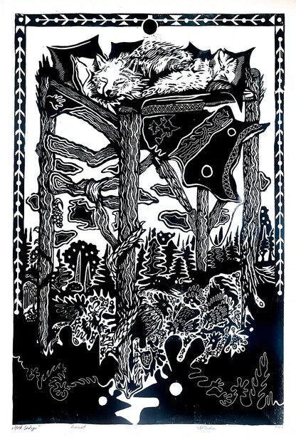 linocut print fox in forrest. Black on white background. Inspired by estonian folklore