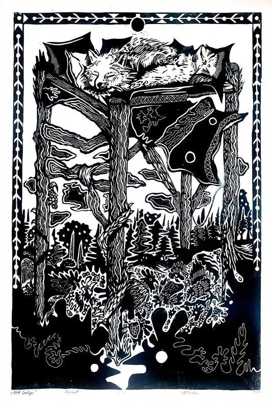 linocut print fox in forrest. Black on white background. Inspired by estonian folklore