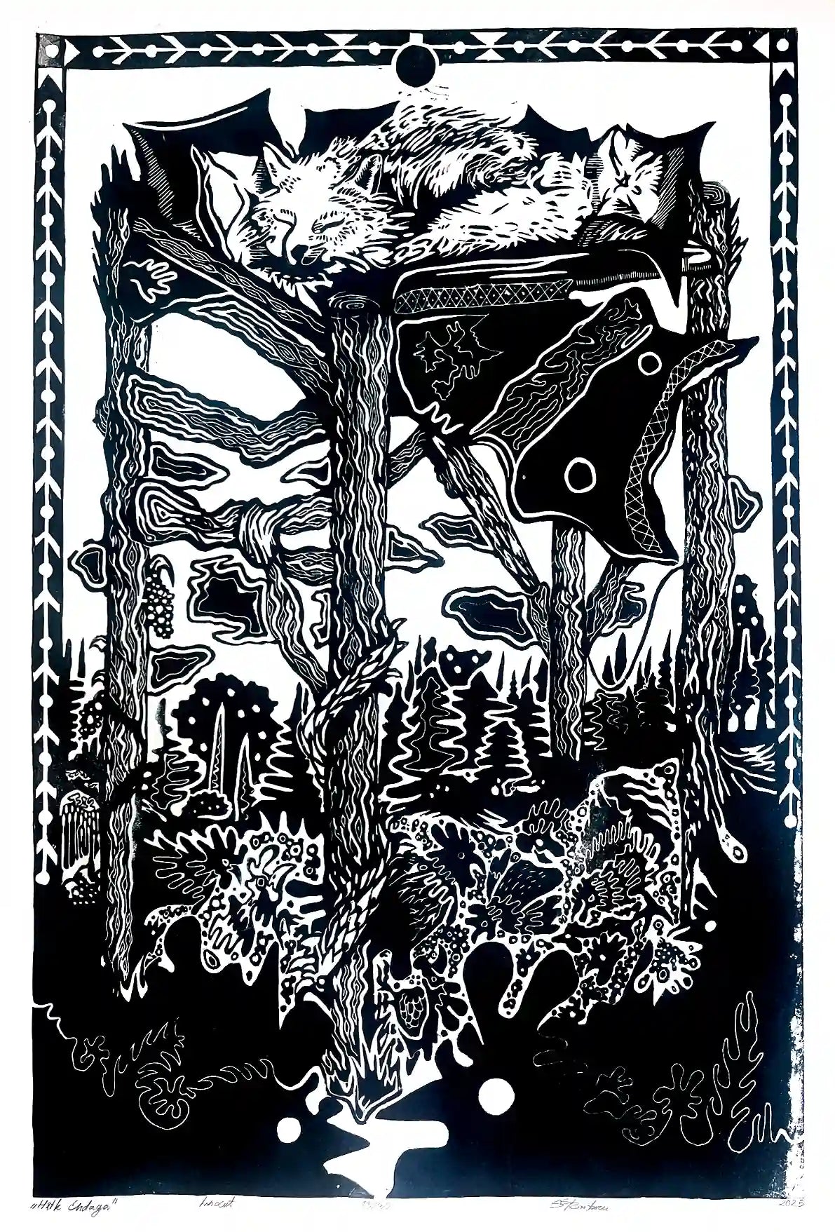 linocut print fox in forrest. Black on white background. Inspired by estonian folklore
