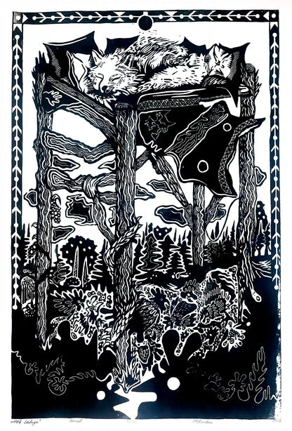 linocut print fox in forrest. Black on white background. Inspired by estonian folklore