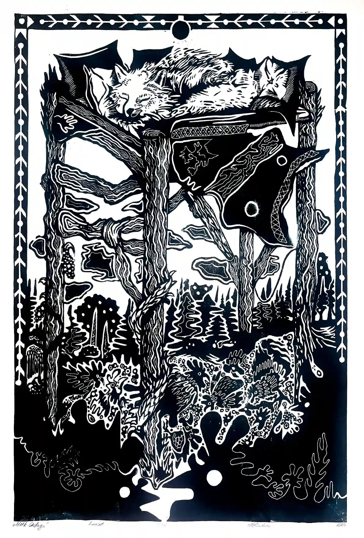linocut print fox in forrest. Black on white background. Inspired by estonian folklore