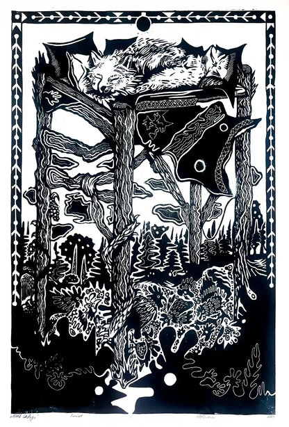 linocut print fox in forrest. Black on white background. Inspired by estonian folklore